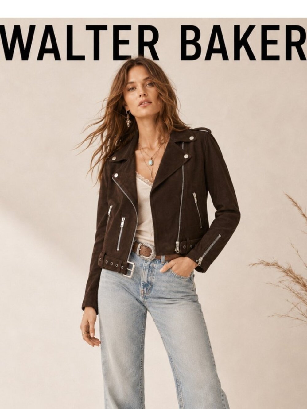 Walter Baker Women’s S Brown Lamb Suede Leather Moto Biker Jacket Belted